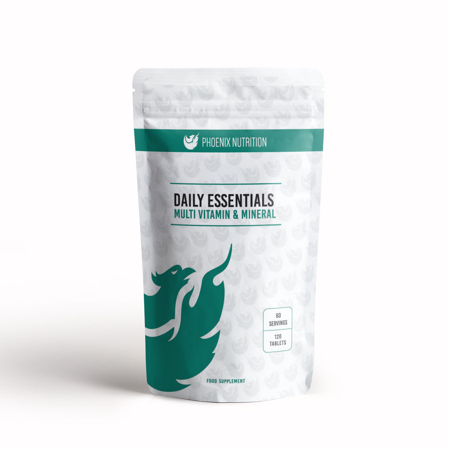 Daily essentials multivitamin & mineral 120 tablets 60 servings front of pouch by Phoenix Nutrition