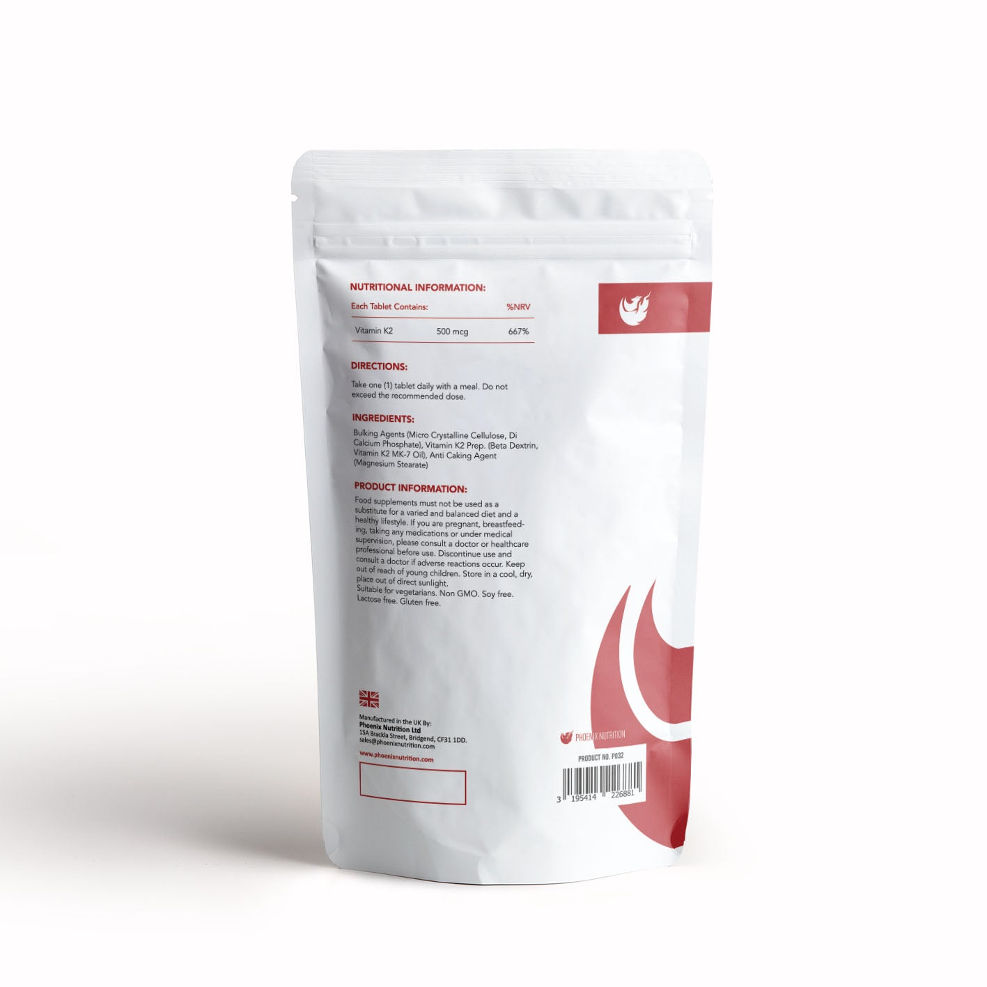 High Strength Vitamin K2 MK-7 500mcg x 120 tablets back of pouch by Phoenix Nutrition