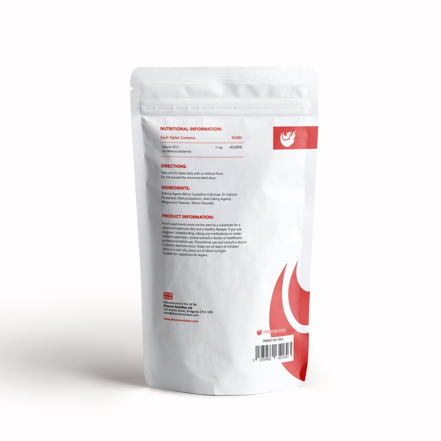 Methyl B12 Methylcobalamin 1mg 120 tablets back of pouch & nutritional info by Phoenix Nutrition