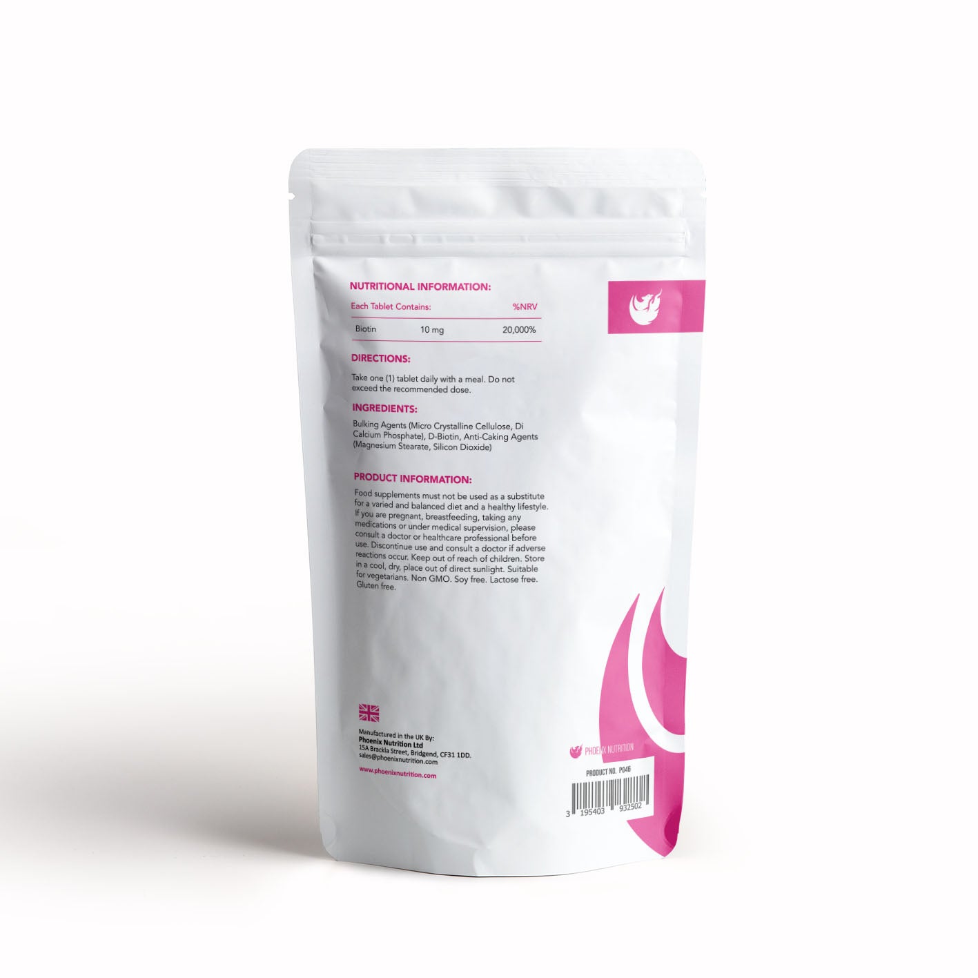 Biotin x 120 tablets 10mg strength back of pouch & product information by Phoenix Nutrition