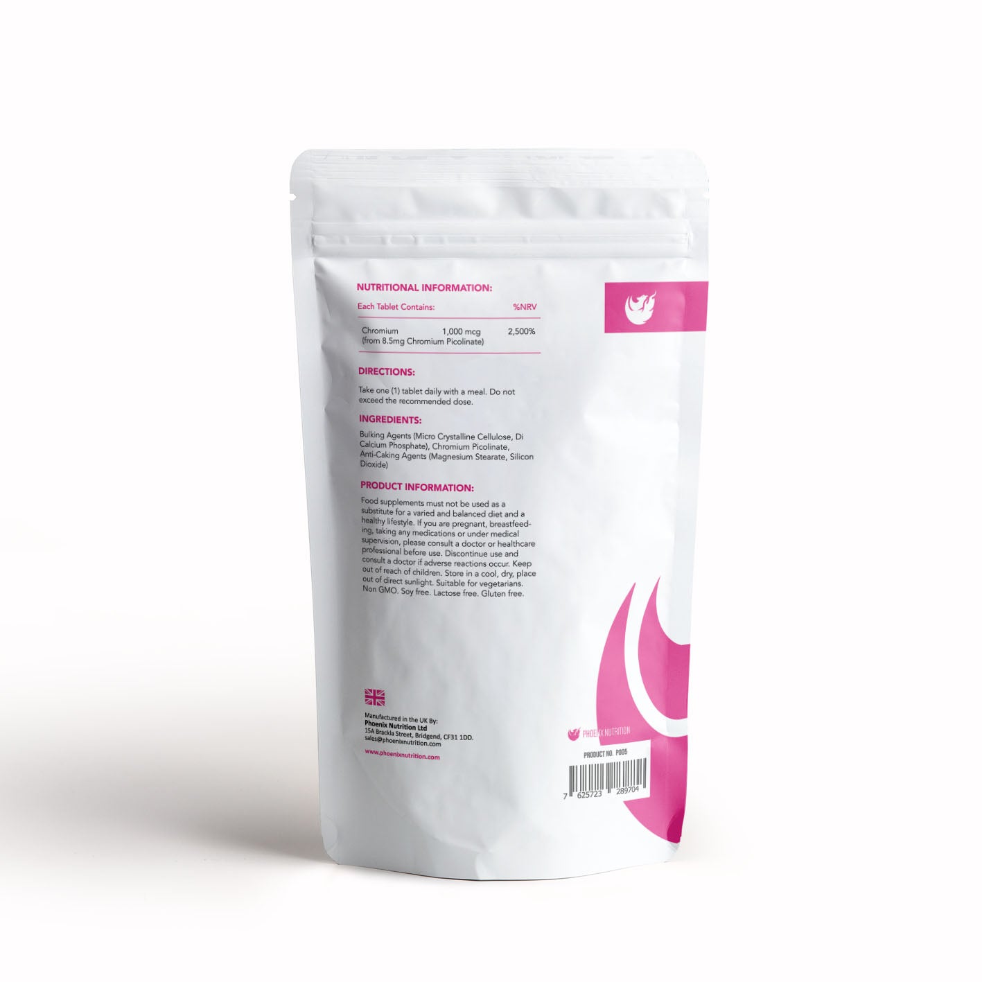 Chromium Picolinate x 120 tablets 1000mcg back of pouch & product information by Phoenix Nutrition