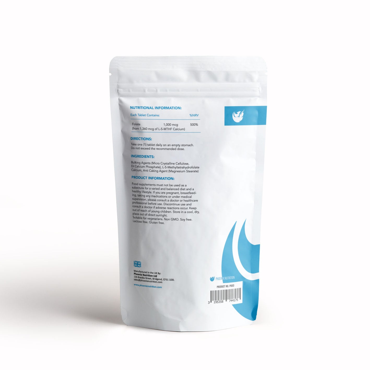 Methyl Folate Methyltetrahydrofolate 1000mcg 120 tablets back of pouch product information by Phoenix Nutrition