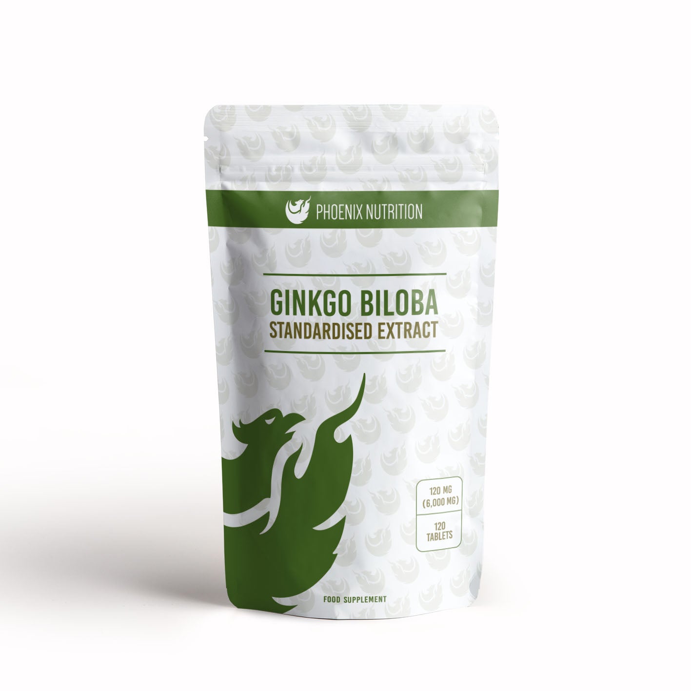 Ginkgo Biloba leaf extract x 120 tablets 120mg 6000mg front of pouch Phoenix Nutrition