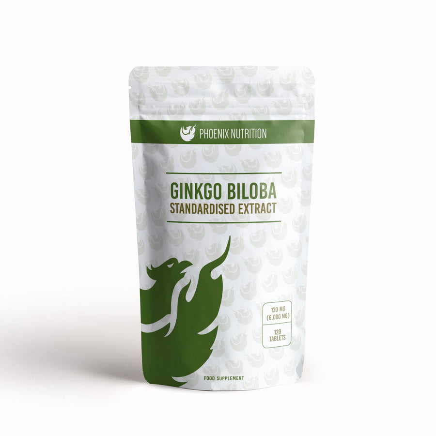 Ginkgo Biloba leaf extract x 120 tablets 120mg 6000mg front of pouch Phoenix Nutrition