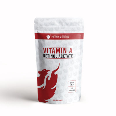 Vitamin A Retinol acetate x 120 tablets 10000iu 3000mcg front of pouch Phoenix Nutrition