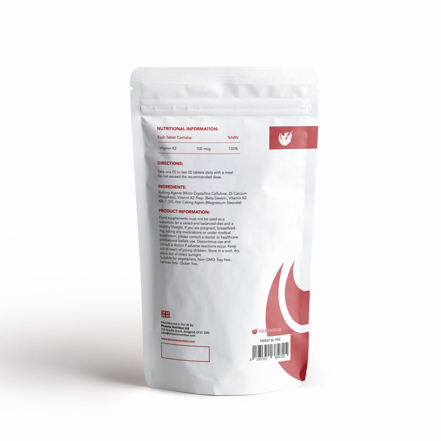 Vitamin K2 MK-7 x 120 tablets 100mcg back of pouch & product information by Phoenix Nutrition