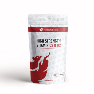 High strength vitamin d3 & k2 mk-7 tablets 4000iu 250mg front of pouch Phoenix Nutrition