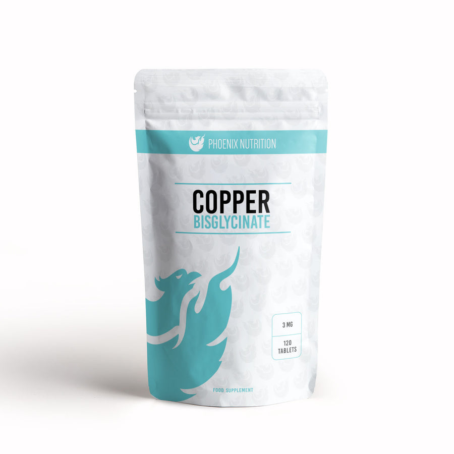 Copper Bisglycinate x 120 tablets 3mg front of pouch by Phoenix Nutrition