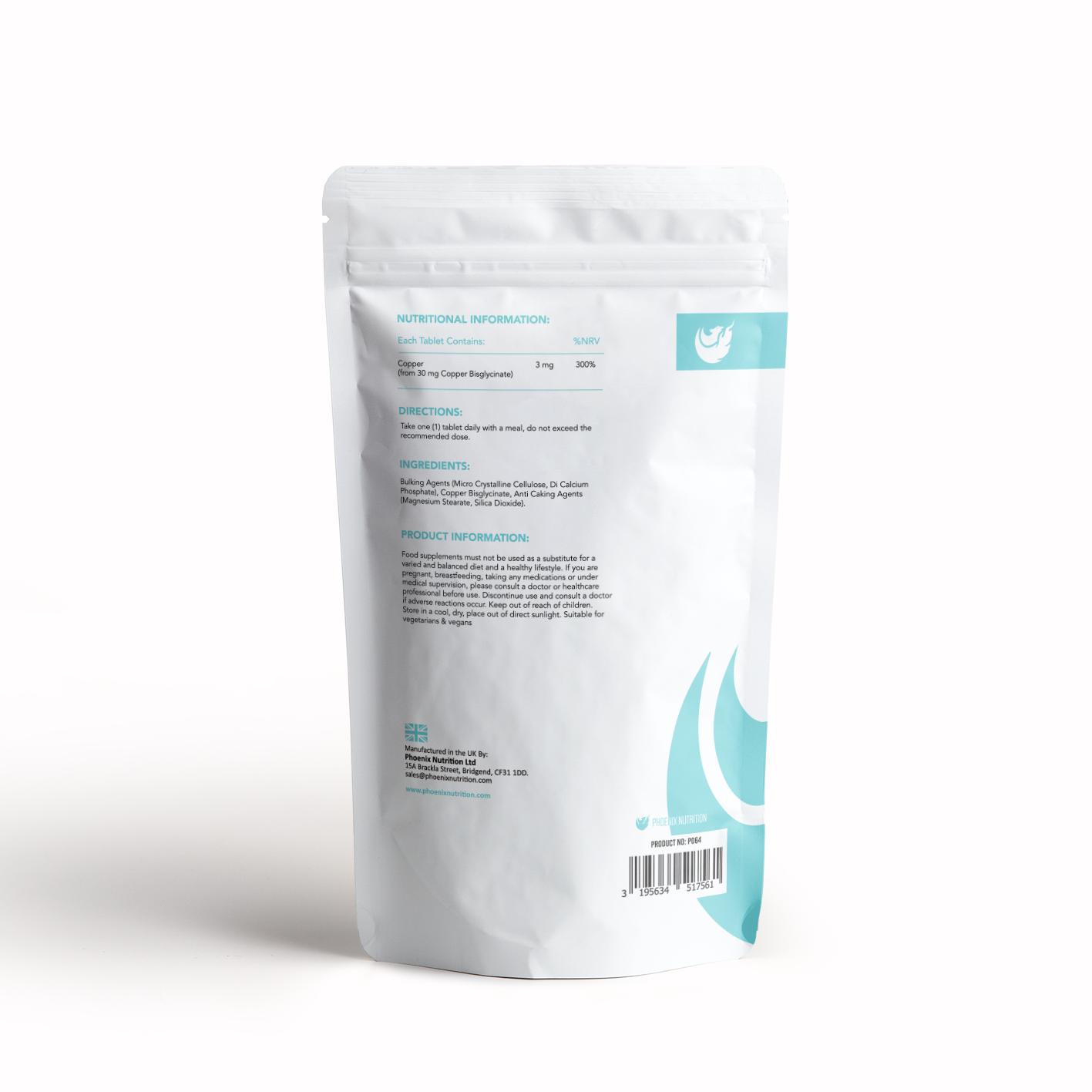 Copper Bisglycinate x 120 tablets 3mg back of pouch & product information Phoenix Nutrition