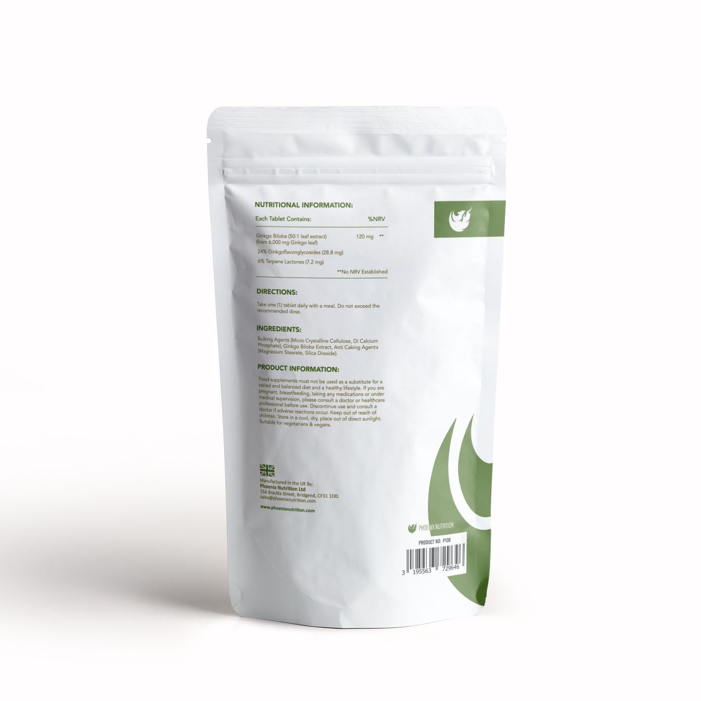 Ginkgo Biloba leaf extract x 120 tablets 120mg 6000mg back of pouch Phoenix Nutrition