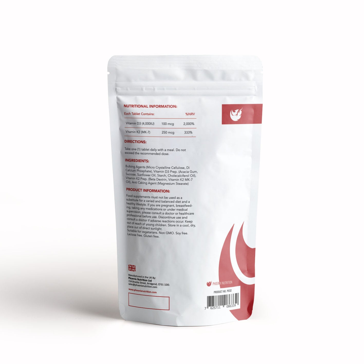High strength Vitamin d3 & k2 mk-7 tablets back of pouch Phoenix Nutrition