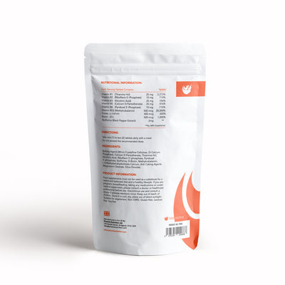 Optimum Vitamin B Complex x 120 tablets back of pouch product information Phoenix Nutrition