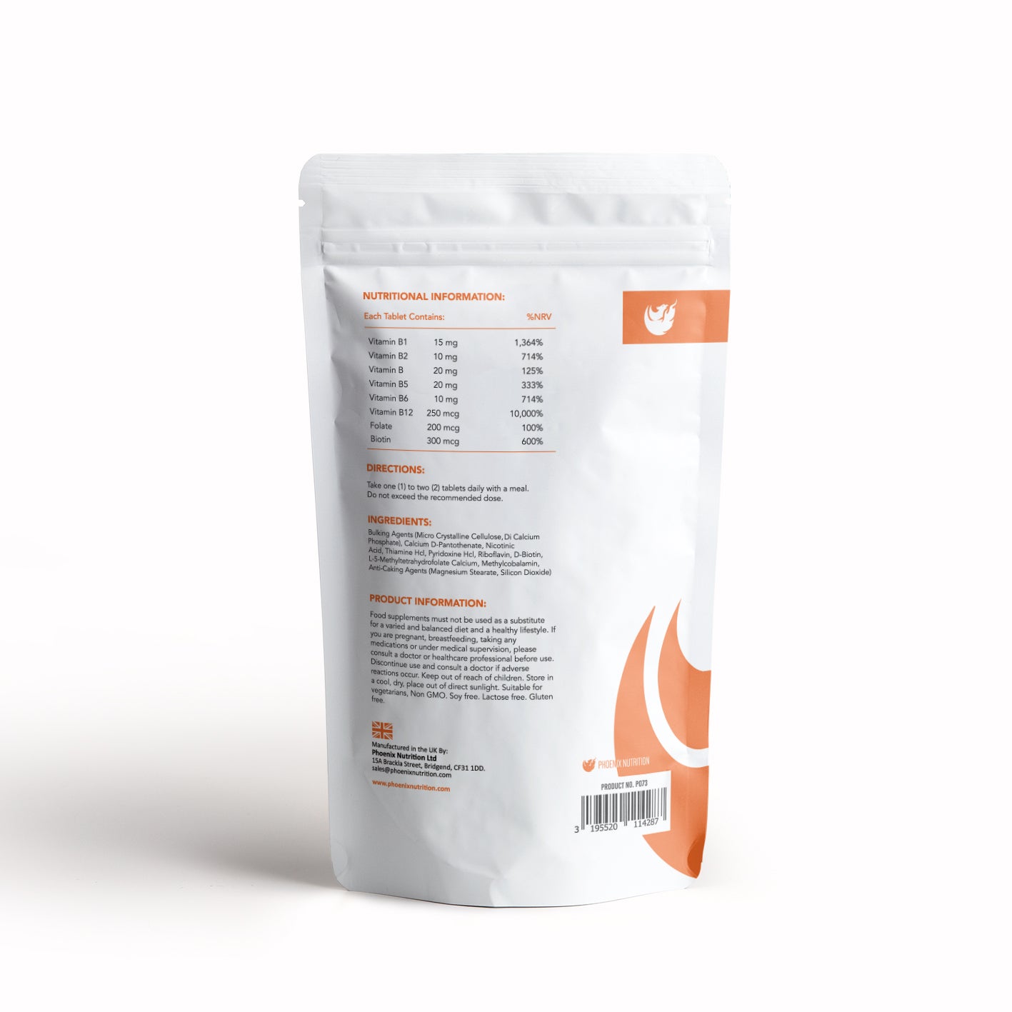 Vitamin b complex with folate x 120 tablets back of pouch product info Phoenix Nutrition