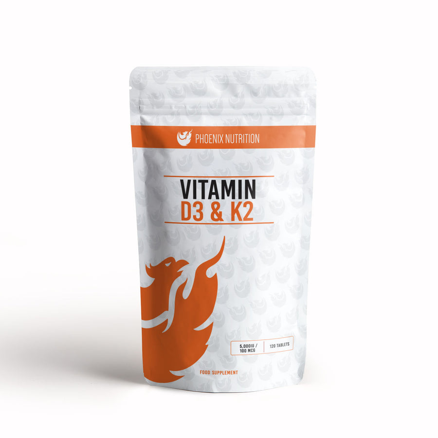 Vitamin D3 and K2 natto tablets in pouch 5000iu 100mcg front of pouch by Phoenix Nutrition 