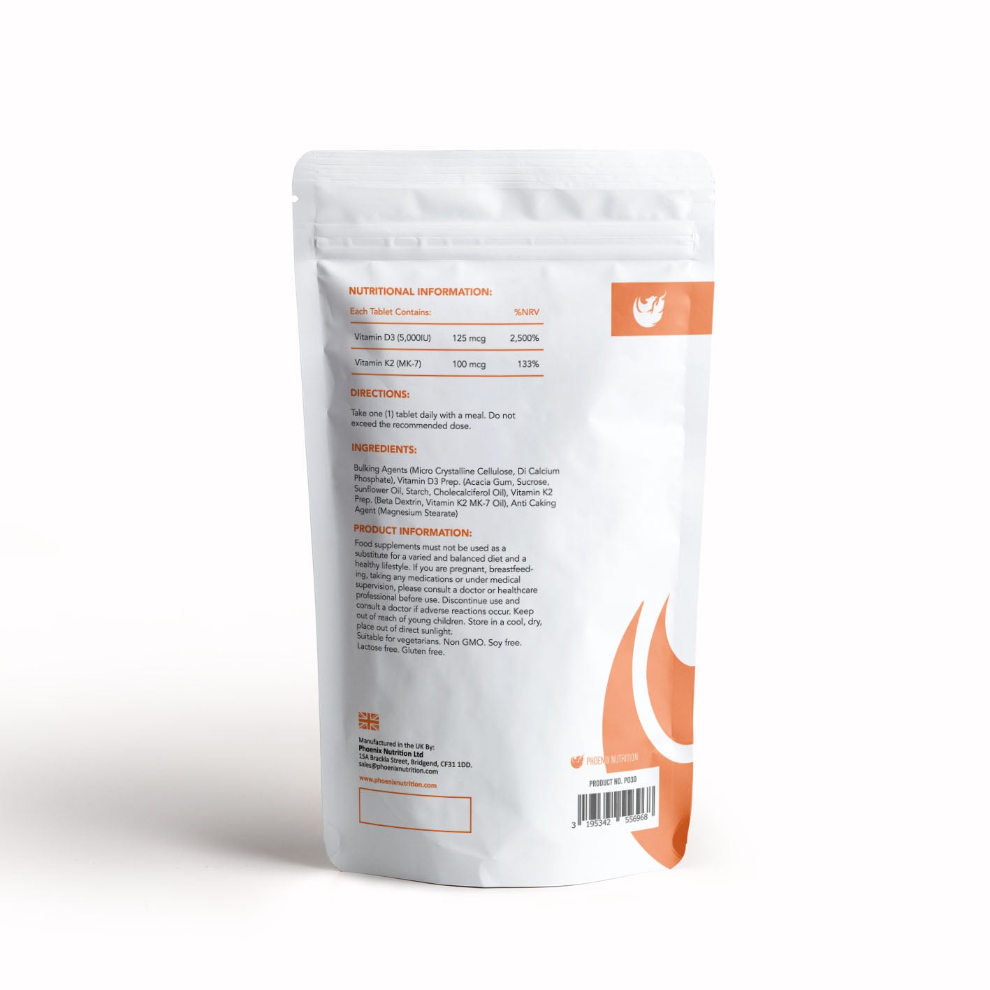 Vitamin D3 and K2 MK-7  tablets 5000iu 100mcg back of pouch & product information by Phoenix Nutrition