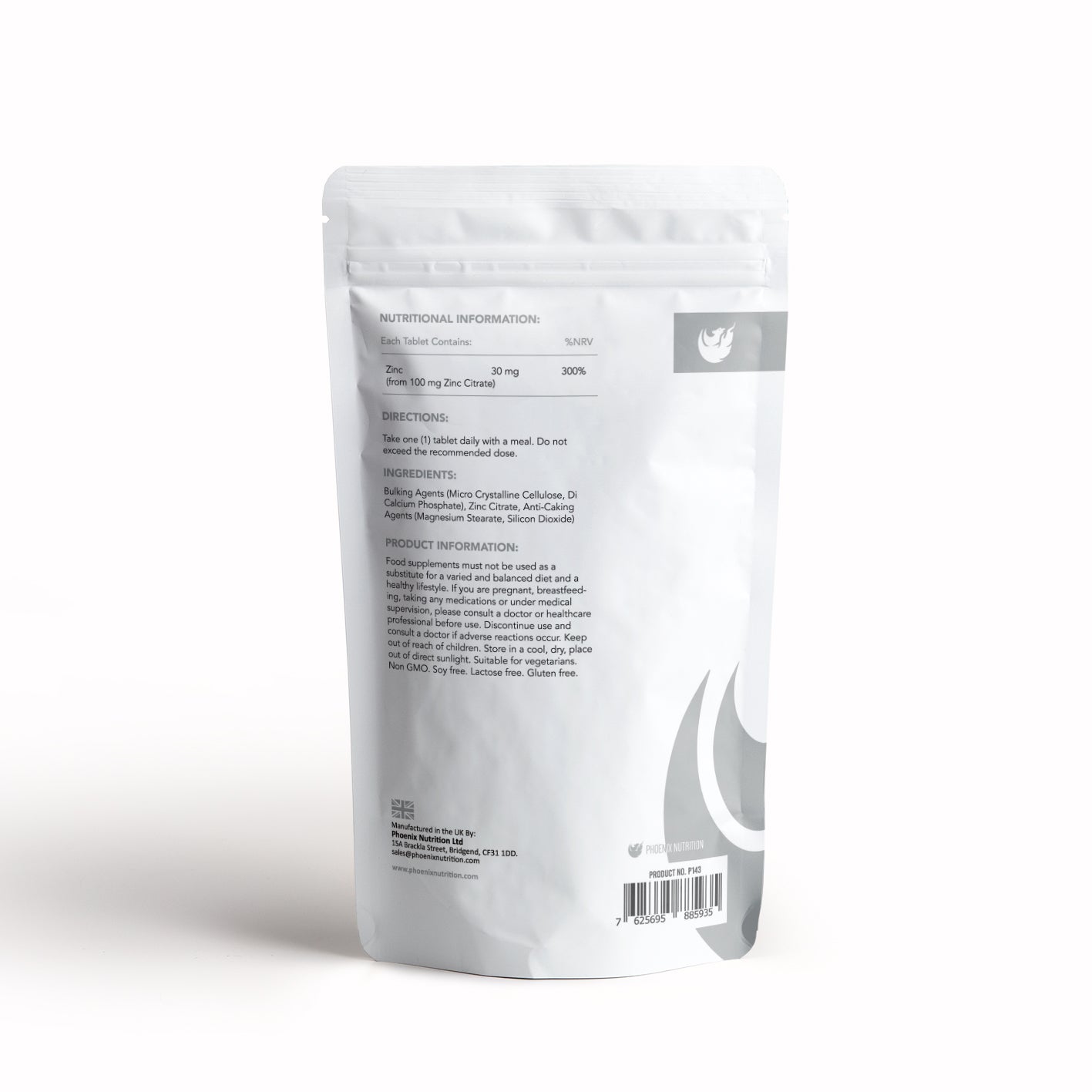 Zinc Citrate x 120 tablets 30mg back of pouch & product information by Phoenix Nutrition